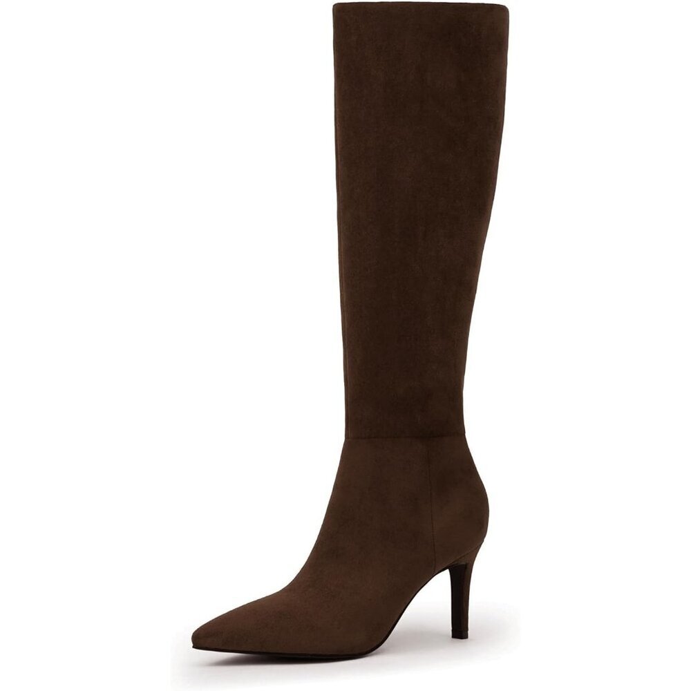 Women Dark Brown Suede Faux Leather Pointed Toe Stiletto Heel Zipper Dress Boot